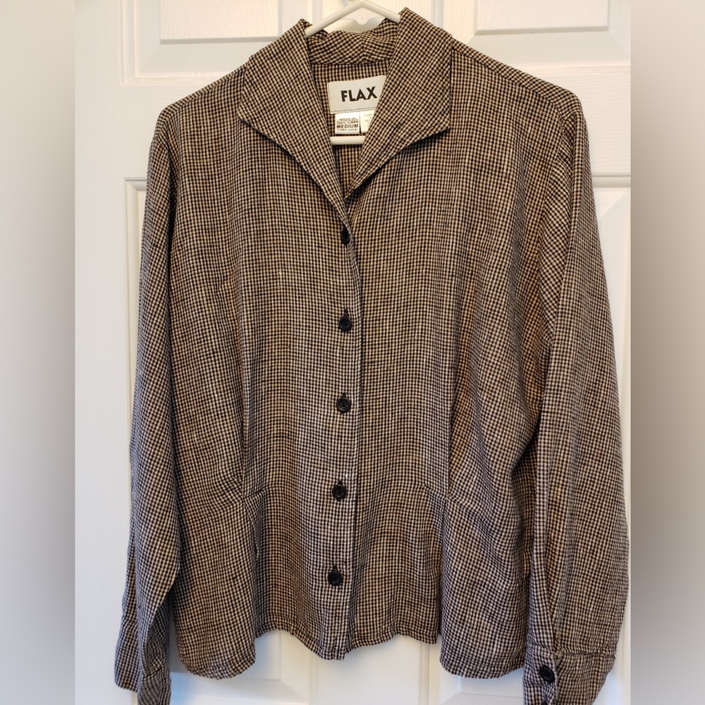 Brown/black checked medium Flax linen blouse/jacket